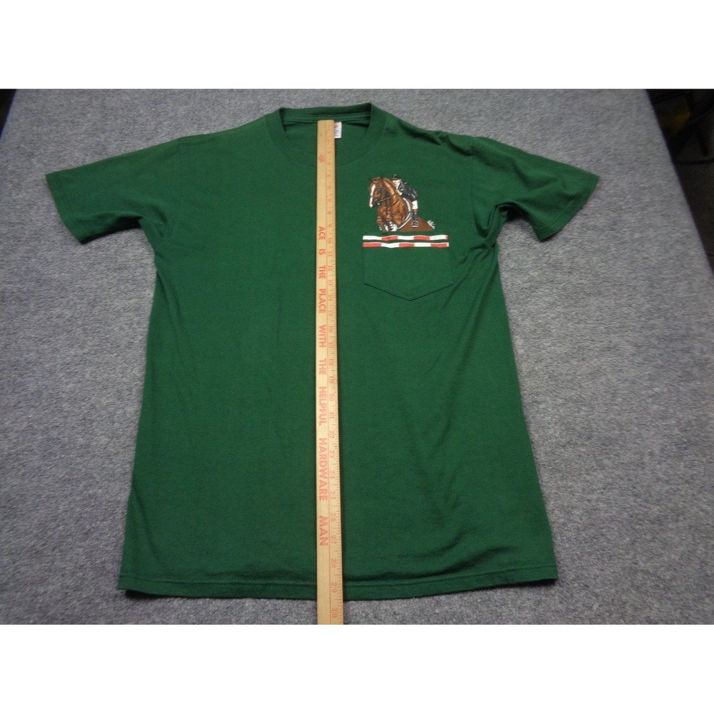 Vintage Jerzees Graphic Shirt L Green Equestrian Horse Riding Jockey Art Pocket - Picture 12 of 12